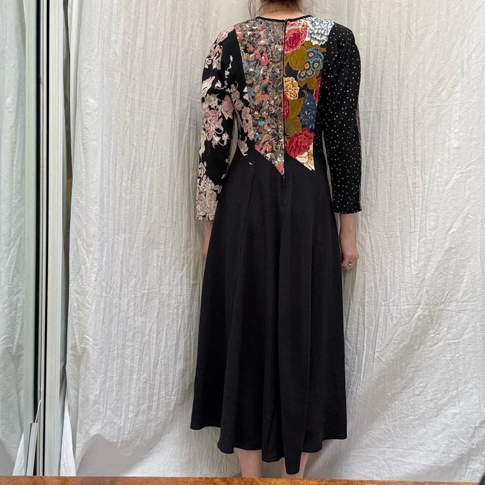 Black Floral Patchwork Midi Dress Vintage 90s Whimsygoth Boho Witchy - Picture 5 of 8